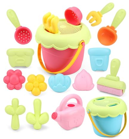 ZBIianxer Kinder Sandburg Bauset mit Blumenmotiv, Sandeimer, Strandspielzeug für Abenteuer Pool und Meer, Outdoor Aktivitäten, Bunte Sandformen