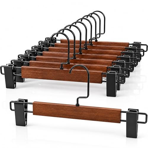10 Stück Hosenbügel aus Umweltfreundlichem Naturholz, Rockbügel mit Verstellbaren Anti-Rutsch Clips & 360° Drehbarer Haken, Massivholz Kleiderbügel für Hosen, Röcke und Shorts (Walnuss-Optik)