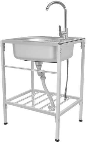 Lavello da cucina indipendente in acciaio inossidabile, lavello esterno da giardino, con rubinetto caldo freddo girevole a 360°, scolapiatti, caldi, vasca unica, carico 60 kg, casa ristorante