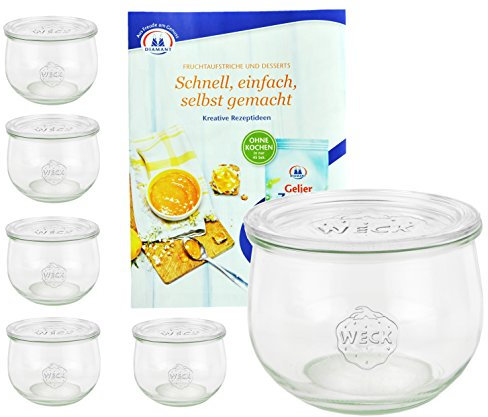 MamboCat 6er Set Weckgläser 580 ml Tulpenform mit Deckel I Original Weck Tulpenglas Dessertglas I Einweckgläser mit Deckel für Obst Gemüse UVM I inkl. Diamant-Zucker Gelierzauber Rezeptheft