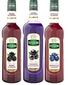 Lot de 3 sirops Mathieu Teisseire - Mûre, Cassis, Myrtille, pour boissons, rafraîchissements, cocktails, cafés et desserts, bouteilles de 70cl et 1L.