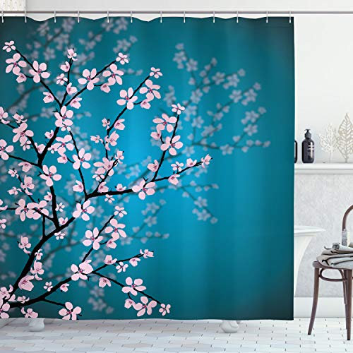 ABAKUHAUS japanisch Duschvorhang, Sakura Bloom Muster, Stoffliches Gewebe Badezimmerdekorationsset mit Haken, 175 x 240 cm, Petrol Blau Hellrosa