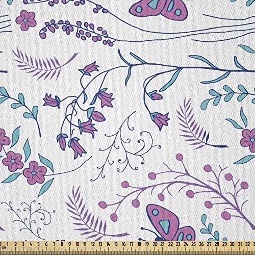 ABAKUHAUS Frühling Microfaser Stoff als Meterware, Romantische Blumen Schmetterlinge, Deko Basteln Polsterstoff Textilien, 2M (230x200cm), Dunkel türkis Dunkelblau Rosa