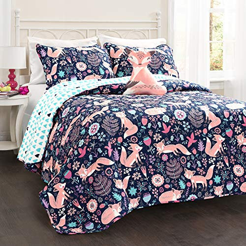 Lush Decor Pixie Fox Wende-Bettwäsche-Set, 3-teilig, Twin, Marineblau und Rosa, lustige, leichte Doppel-Bettwäsche für Kinder, Mädchen, rosa Schlafzimmerdekoration