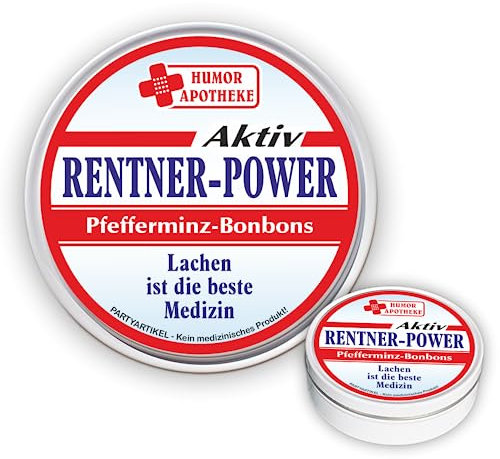 Pfefferminz Bonbon Metalldose - Rentner Power, lachen ist die beste Medizin - Ruhestand Rente Soforthilfe | Humorapotheke Spaßmedizin Humormedizin | Pfefferminzdragees | Dose Blechdose Pillendose