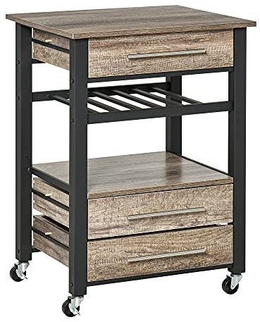 HOMCOM Küchenwagen Küchenrollwagen Servierwagen mit Schublade Ablage Spanplatte Metall Grau Eiche 60 x 50 x 84,5 cm