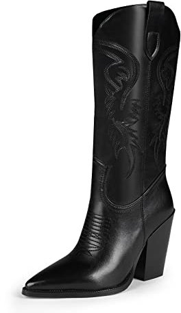 ISNOM Stivali da cowboy, stivali da cowgir da donna, a punta, tacco grosso, stivali western, Nero opaco, 37.5 EU