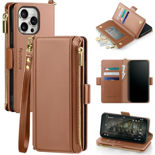 Antsturdy Compatible with iPhone 14 Pro Wallet Case,RFID Blocking PU Leather Phone Case Women Men Kickstand Flip Cover Wrist Strap Zipper Credit Card Holder Slots for Apple 14 Pro 6.1,Light Brown