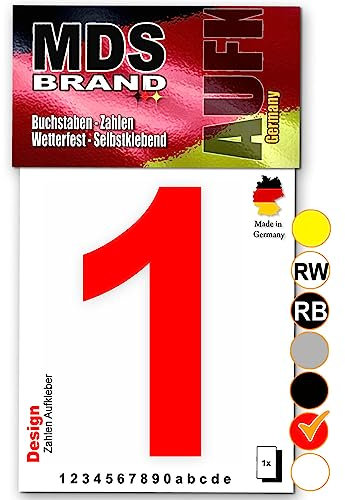 MDS Brand Design 15cm Zahlen Aufkleber Selbstklebende Klebezahlen für Briefkasten, Mülltonne & Hausnummeren Aufkleber für Außen & Innen, D-15 (1, Rot)