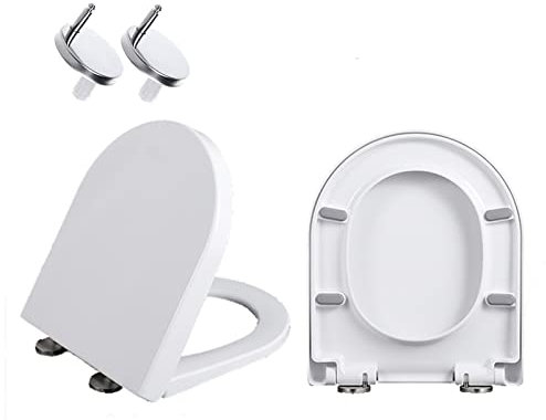 Premium WC Sitz Mit Absenkautomatik, Klobrille in D-Form Weiss Klodeckel Mit Softclose. Toilettendeckel Abnehmbar Aus UF, WC Deckel Mit Rostfreier Edelstahl Befestigung,02G