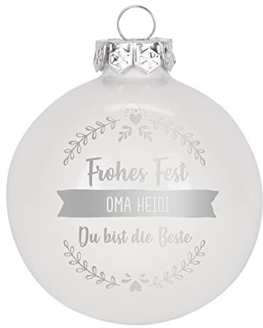 Herz & Heim® Weihnachtskugel aus Glas mit persönlicher Gravur/Rot oder Weiß/Matt oder Hochglanz/Ø 8 oder 10 cm/Verschiedene Motive Ø 8 cm, Weiß Hochglanz, 3 Zeilen Wunschtext