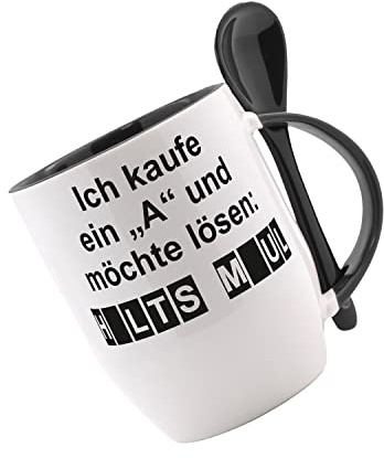 Tasse mit Löffel Ich kaufe ein A und möchte lösen! H_LTS M_UL Löffeltasse, Kaffeetasse mit Motiv, Bürotasse, bedruckte Tasse mit Sprüchen oder Bildern