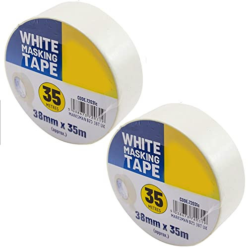 ZALE YARDLEY Paquete de 2 cintas de vinilo de uso general, color blanco, cinta de marcado de suelo de tráfico ligero, pintura y decoración de cinta adhesiva fuerte (38 mm x 35 m)