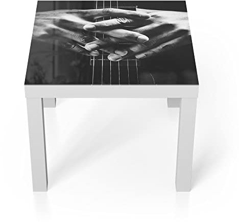 DEQORI Glastisch | weiß klein 55x55 cm | Motiv Mann hält Gitarrenhals | ausgefallener Beistelltisch aus Glas | Hochglanz Couchtisch fürs Wohnzimmer | moderner Couch Tisch mit Design