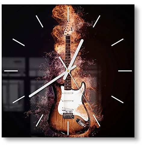 DEQORI Glasuhr | 30x30 cm | Motiv Brennende E-Gitarre | ausgefallene leise Design Uhr aus Glas | Wanduhr für Wohnzimmer & Küche | moderne Hingucker Uhr für die Wand