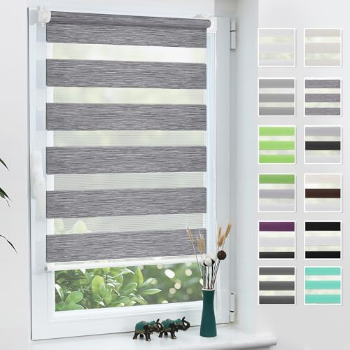 Grandekor Store Enrouleur Jour Nuit de Double Tissu, Store Jour et Nuit sans Perçage, Accessoires d'installation Inclus pour Fenêtre ou Porte, 55l x 150L cm, Gris Marbré