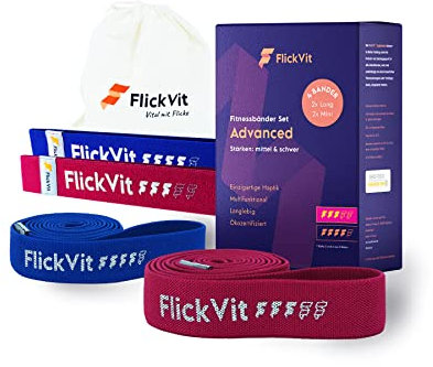 FlickVit Fitnessbänder 4er Set- Advanced (3 & 4) inkl. Tragebeutel, Fitnessband Stoff, Klimmzugband, Widerstandsbänder Set, Widerstandsband, Gummiband Sport, Theraband Set