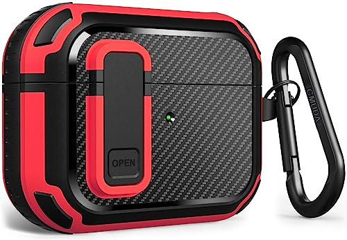 GMUDA AirPod Pro Case Cover with Lock, Compatible with AirPods Pro(2nd Generation/1st Generation), Carbon Fiber, Full Drop Protection for AirPods Pro, Red