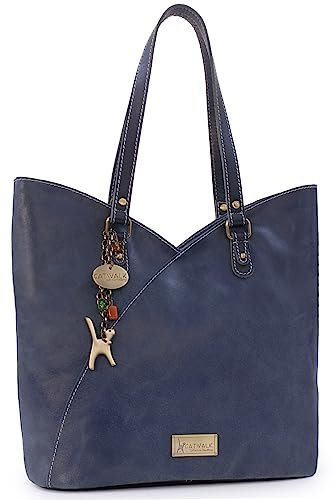 Catwalk Collection Handbags - Große Schultertasche für Damen - Tulpenförmig Tote Bag - Antikleder Leder - für Notizbuch A4 - ABIGAIL - Blau