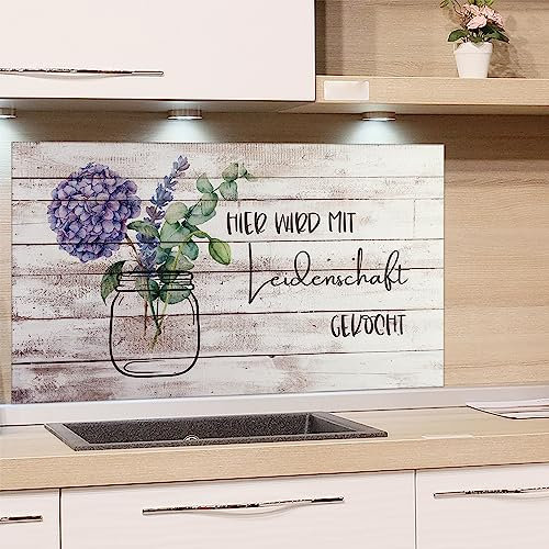 GRAZDesign Spritzschutz Küchenrückwand Glas Küche für Herd & Küchenspüle, Holzoptik mit Blumen und Spruch | Glasplatte Rückwand Küchenwand Wandschutz | 100x60cm