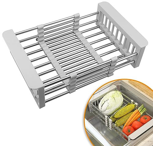 Lxoraziy Escurreplatos Acero Inoxidable, Extensible(26 CM-46.5 CM), Escurre Platos Extensible Apto como Escurridor Fregadero, para Encimera De Cocina Ahorre Espacio