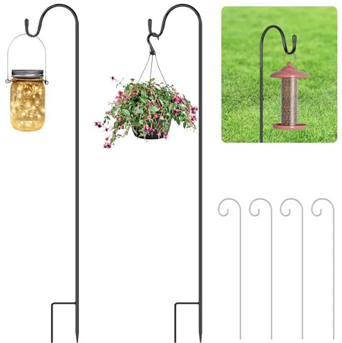 OFFCUP Schäferhaken 75cm, 2pcs Hirtenhaken mit 4 Pflanzenschild-Metallstangen, Garten Doppelhaken Laternenstab, Metall Gartenstab mit Haken Laternenstab Hirtenbogen-Haken für Vogelkäfige Pflanzkörbe