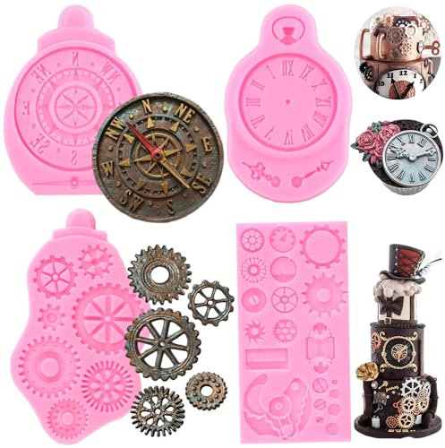 RFGHAC Steampunk Gear Fondant Formen Kompass Silikonform Uhr Süßigkeitenform Zahnräder Zahnräder Schokoladenform für Zucker Cupcake Topper Kuchen Dekorieren Gummipaste Polymer Clay 4 Stück