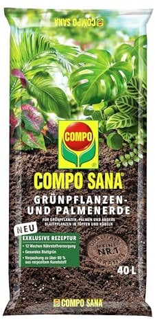 SANA® Grünpflanzen- und Palmenerde mit 12 Wochen Dünger für alle Zimmer- und Balkonpflanzen sowie Palmen und Farne, Kultursubstrat, 40 L
