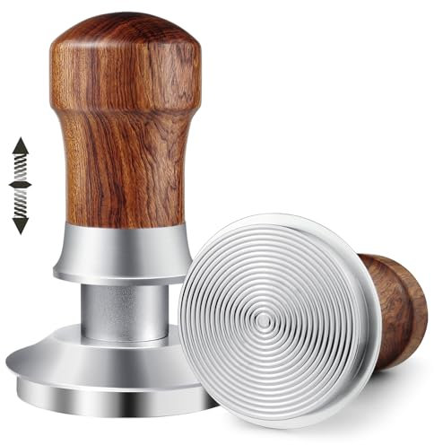 HOLIHOKY Tamper 54mm, 30lbs Druckregulierend Kaffee Tamper mit Edelstahl Basis, Anpressdruck Espresso Tamper mit Feder für Sage Siebträger, Holz