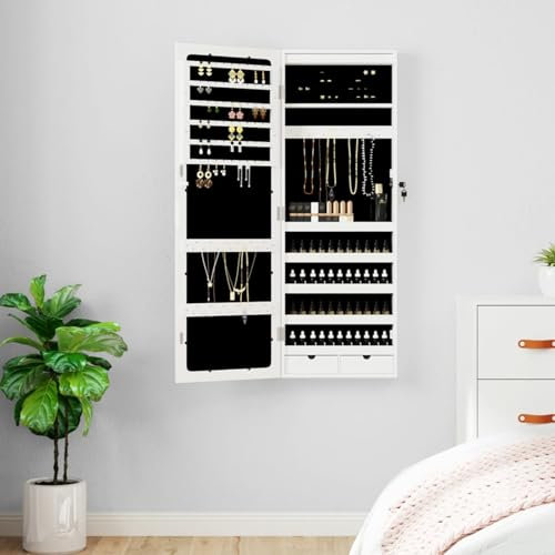 ARKEM Armoire à Bijoux avec Miroir et éclairage LED Mural Blanc,Armoire Bijoux Miroir sur Pied,Porte Bijoux Mural