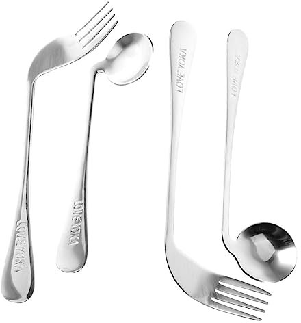 Adaptive Cutlery Set for Elderly and Disabled - Stainless Steel Curved Spoon and Fork Set, Easy Grip Feeding Utensils for Hand Tremors, Home Use, Silver