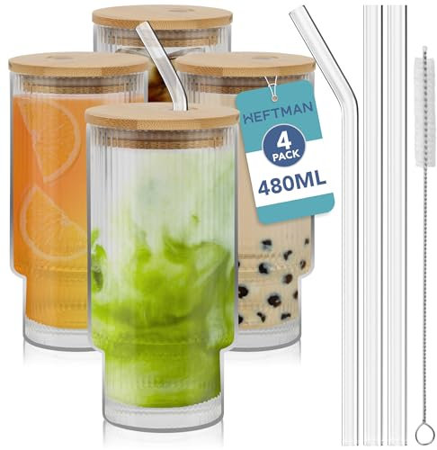HEFTMAN Vasos acanalados de 480 ml, 4 vasos de vidrio apilables con tapas de bambú y pajitas de vidrio, juego de vasos de café helado con 2 cepillos de limpieza