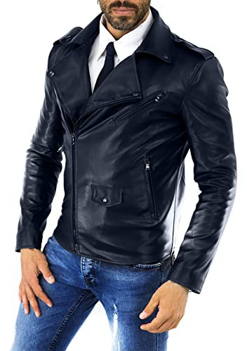 Chiodo Biker In Vera Pelle Marrone Uomo Slim Accessori Scuri Rindway, L, Trapunta (Autunno-Inverno), Blu scuro