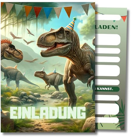 HIDEBLOOM Dino Einladungskarten Kindergeburtstag Junge I 12 Stück I DIN A6 (10,5 cm x 14,8 cm) I Einladung Geburtstag Kinder I Kinderparty I Einladungskarten Dinosaurier