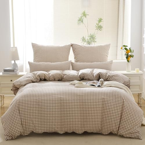 SOULFUL Bettwäsche 155x220 Baumwolle Kariert, 100% Gewaschene Baumwolle Beige Bettwäsche-Sets mit Leinenartigem Griff Enthält 1 Bettbezug 155x220 und 1 Kissenbezüge 80x80