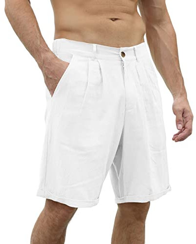Shorts et Bermudas Homme Lin Sport Plage Casual Short Sport Homme Bouton Baggy Couleur Uni avec Poche Sportswear Homme Lightweight Taille Basse Extérieur Short Court Homme 01 Blanc L