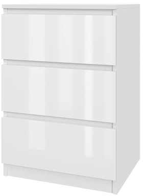 Mebligo - Kommode mit 3 Schubladen 50 cm Breit, Komodenschrank für Schlafzimmer, Wohnzimmer, Kinderzimmer, Jugendzimmer und Büro (B:50 x H:75 x T:40 cm) - Weiß Hochglanz