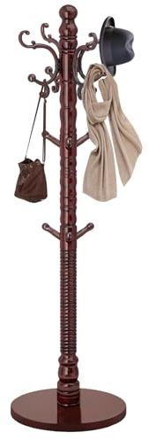LOZABEE Garderobenständer aus Holz, freistehend mit stabilem runden Sockel, klassische Garderobe mit 14 Haken, natürliches Birkenholz, Standmantel für den Eingangsbereich (rundes Vintage-Rundgestell)