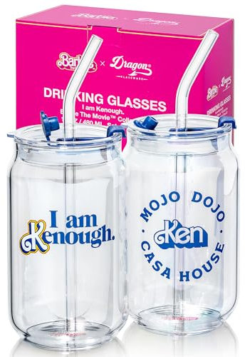Dragon Glassware x Barbie The Movie - 16 oz Glass Cups with Lids and Straws, Set of 2 - Iced Coffee Cups with Lids - Versatile Glass Tumbler with Straw and Lid - I'm Just Ken