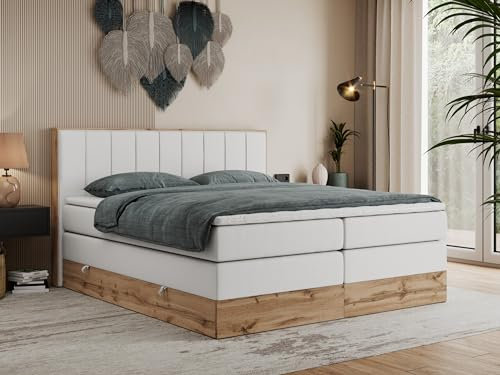 MKS MEBLE King Boxspringbett 200x200 Mit Bettkasten Eiche, Polsterbett Mit Matratze H4, Bett Mit Rahmen in Wotan Eiche Und Kopfteil - Weiß Kunstleder - Bellissimo King