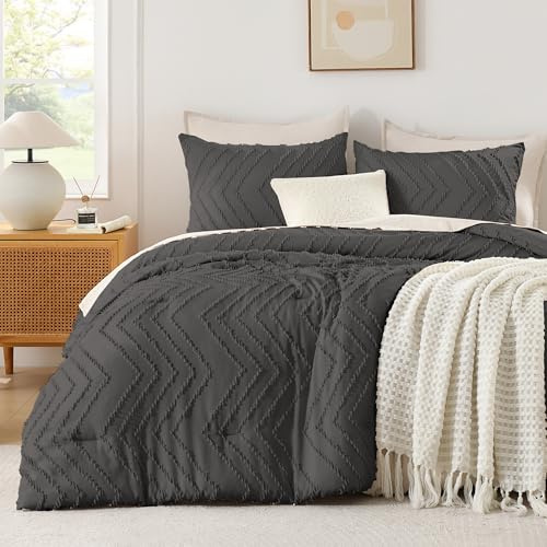 Andency Dunkelgraues Twin/Twin XL Tröster-Set, Twin-Bettdecke für Studentenwohnheim, Mädchen, Jungen, Boho, weich, warm, niedlich, 2-teilig, ästhetisches Chevron-Bohemian-Bettwäsche-Set