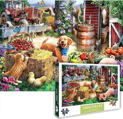 1000 Piece Jigsaw Puzzles Happy Farm Puppy Playing Hide and Seek Game Challenging Difficult Puzzle Educational Game JigsawPuzzles Gifts for Adults