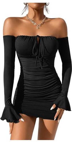 GORGLITTER Women's Sexy Off Shoulder Bodycon Mini Dress Long Sleeve Ruched Party Club Short Dresses Black Petite XS