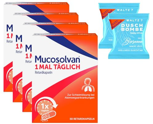 MUCOSOLVAN® 1mal täglich Retardkapseln, 4 x 50 Stück, 75mg Ambroxol, Hustenschleimlöser, mit 2 Duschbomben