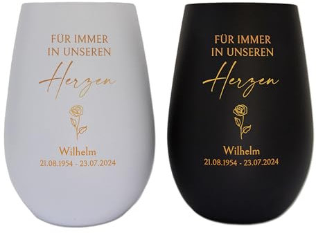 FEENSTAUB Windlicht Trauer, Trauerlicht personalisiert, Andenken an Verstorbene, Erinnerungslicht mit Spruch und Namen graviert, Memoriam Gedenklicht für Verstorbene, Kerzenglas mit Gravur, Rose
