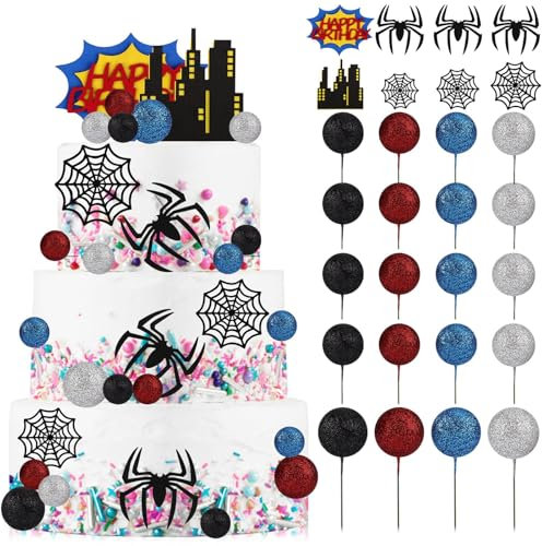 28pcs Cake Decorations, Black Spider Cobweb Building Cake Topper Realistic Birthday Decorations for Themed Party Birthday Cupcake Toppers