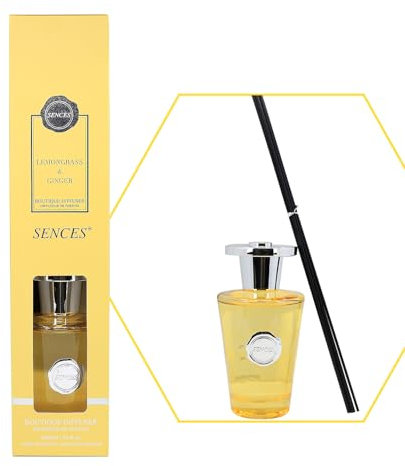 Sences 1000ml Reed Diffuser Lemongrass & Ginger with 55cm Reeds, Perfume Bottle Design, Long-Lasting Scent, Gift Boxed