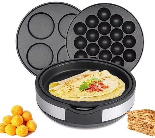 OmePS Mini Pancakes Maker, 3 In 1 Crepe Maker Nonstick, Detachable Non-stick Plates, 5-Speed Temperature Control Adjustment, Even Heating, for Fried Eggs, Steak, Takoyaki, Grill, Pancakes