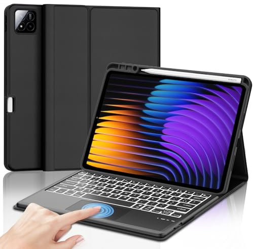 Coque Clavier avec Trackpad pour Xiaomi Pad 7/7 Pro 11.2 Pouces 2025, AZERTY Français Clavier Rétroéclairé Bluetooth Magnétique Détachable avec Touchpad pour Tablette Xiaomi Pad 7/7 Pro 11.2, Noir