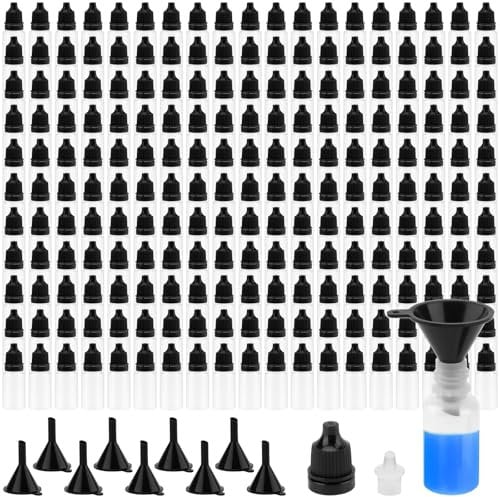 ZEONHEI 200 Pcs 10ml Dropper Bottles, Plastic Empty Dropper Bottles with Cap and 10 Funnels, Translucent Squeezable Bottle for Paint, Essence